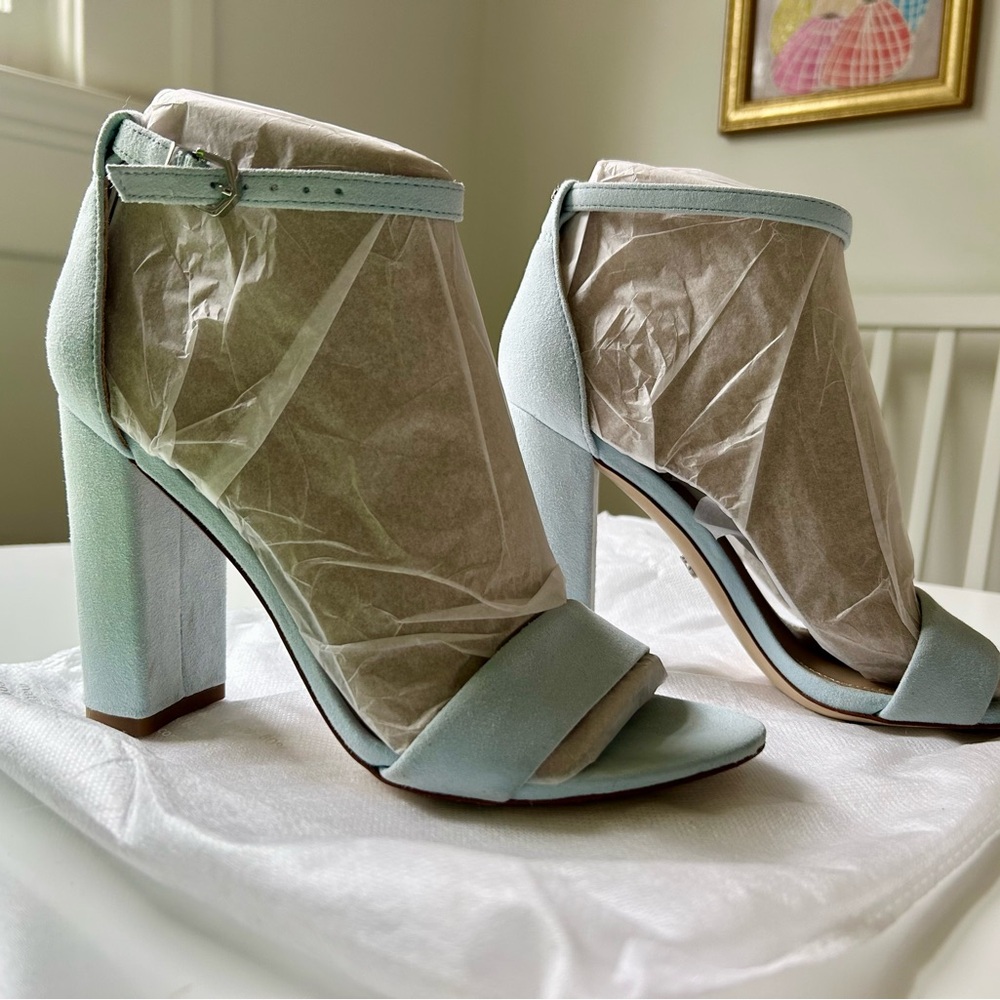 Sam Edelman Yaro Ankle Strap Sandal Block Heel - Light Blue Suede